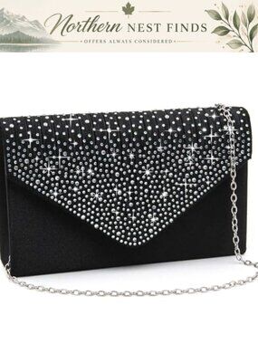 Rhinestone Envelope Clutch Satin Pleated Evening Bag Detachable Chain Wedding